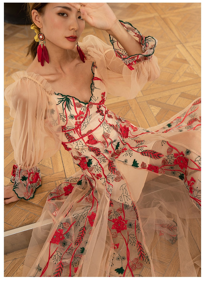 Designer Flower Embroidery Lantern Sleeve Sheer Long Dresses