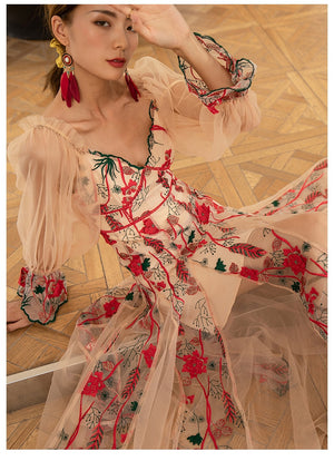 Designer Flower Embroidery Lantern Sleeve Sheer Long Dresses