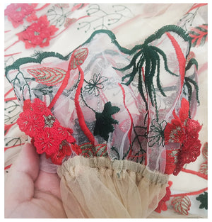 Designer Flower Embroidery Lantern Sleeve Sheer Long Dresses