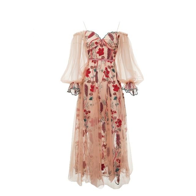 Designer Flower Embroidery Lantern Sleeve Sheer Long Dresses