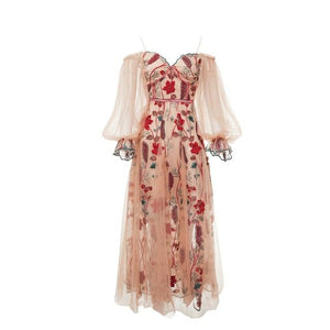 Designer Flower Embroidery Lantern Sleeve Sheer Long Dresses