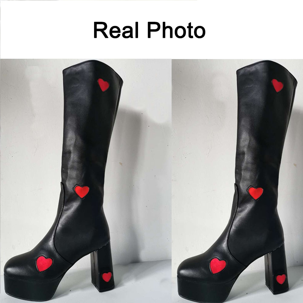 Love Knee High Platform Chunky High Heels Heart Print Boot