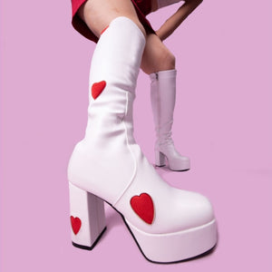 Love Knee High Platform Chunky High Heels Heart Print Boot
