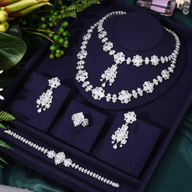 4PCS Green CZ Luxury Zircon Crystal Jewelry Se