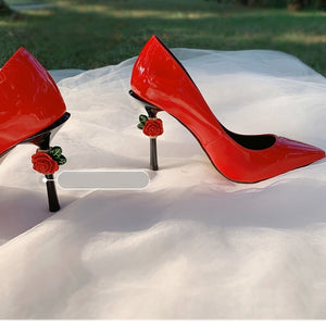 Luxury Red Flower Heel Elegant Patent Leather Shoes