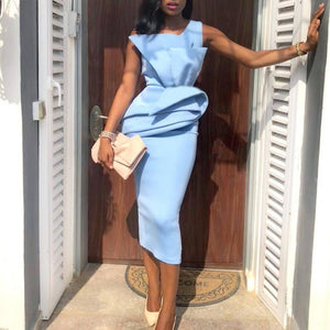 Blue Midi Sleeveless Peplum Ruffles Pencil Dresses