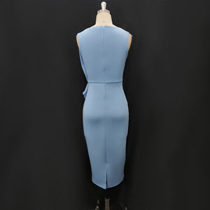 Blue Midi Sleeveless Peplum Ruffles Pencil Dresses