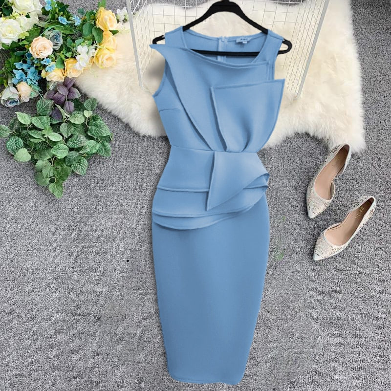Blue Midi Sleeveless Peplum Ruffles Pencil Dresses