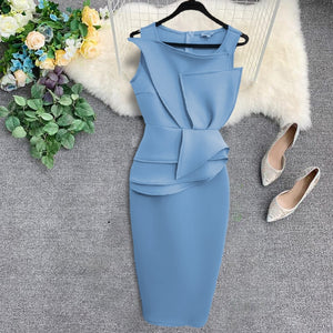 Blue Midi Sleeveless Peplum Ruffles Pencil Dresses
