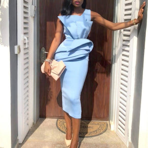 Blue Midi Sleeveless Peplum Ruffles Pencil Dresses