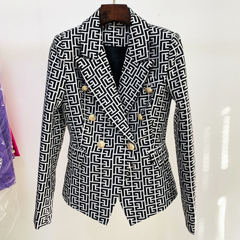 Designer Double Breasted Lion Buttons Geometrical Jacquard Blazer