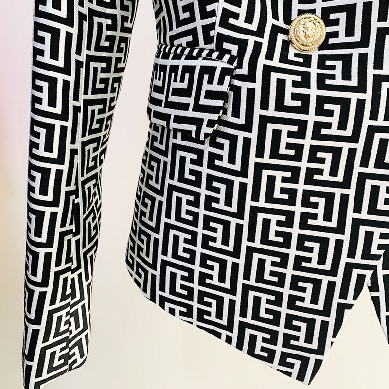 Designer Double Breasted Lion Buttons Geometrical Jacquard Blazer