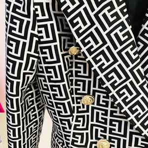 Designer Double Breasted Lion Buttons Geometrical Jacquard Blazer