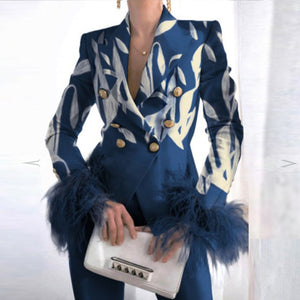 Elegant Turn-down Collar Lady Suit Tops Feather Patchwork Long Sleeve Coat