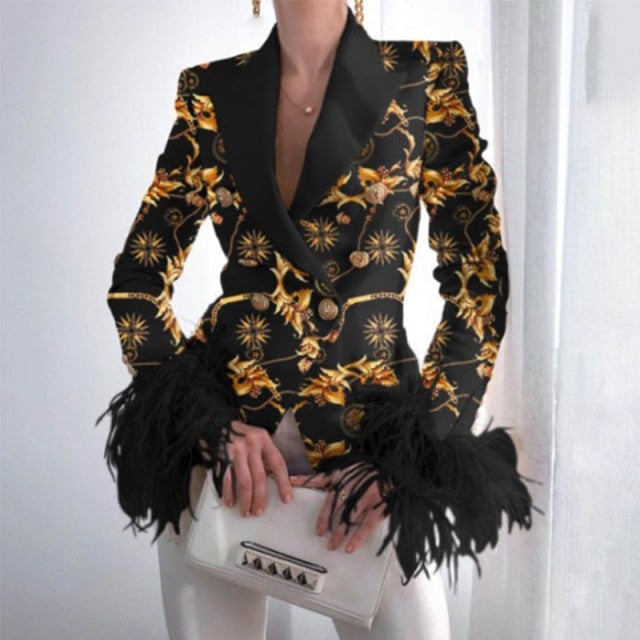Elegant Turn-down Collar Lady Suit Tops Feather Patchwork Long Sleeve Coat