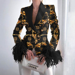 Elegant Turn-down Collar Lady Suit Tops Feather Patchwork Long Sleeve Coat