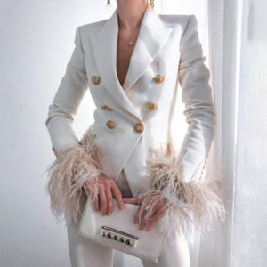 Elegant Turn-down Collar Lady Suit Tops Feather Patchwork Long Sleeve Coat