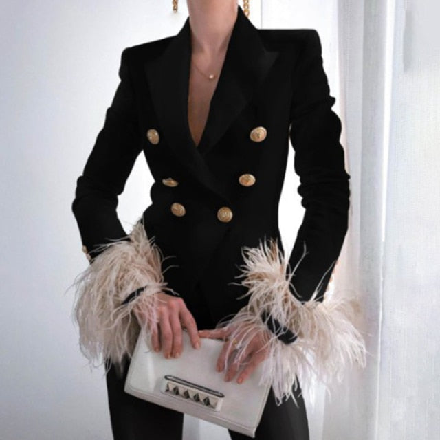 Elegant Turn-down Collar Lady Suit Tops Feather Patchwork Long Sleeve Coat
