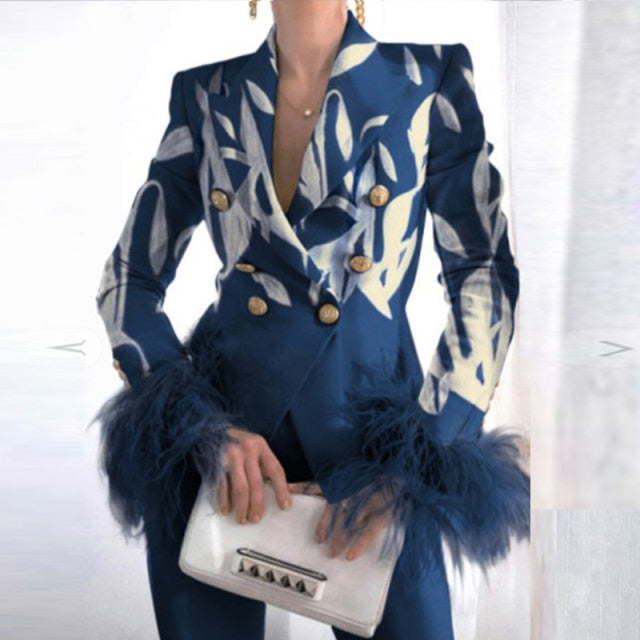 Elegant Turn-down Collar Lady Suit Tops Feather Patchwork Long Sleeve Coat