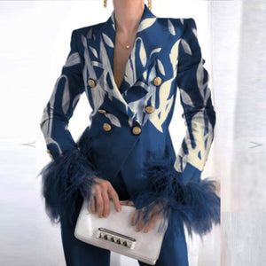Elegant Turn-down Collar Lady Suit Tops Feather Patchwork Long Sleeve Coat