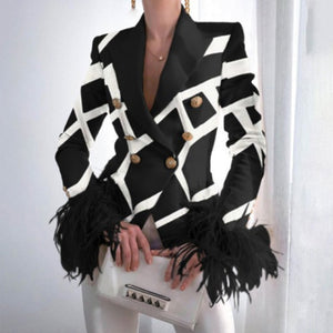 Elegant Turn-down Collar Lady Suit Tops Feather Patchwork Long Sleeve Coat