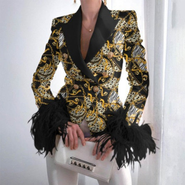 Elegant Turn-down Collar Lady Suit Tops Feather Patchwork Long Sleeve Coat