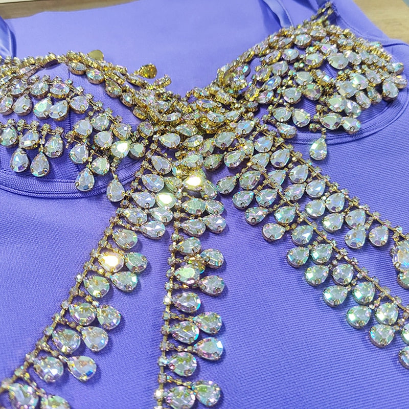 High-Quality Purple Luxury Shiny Beading  Bodycon Dress