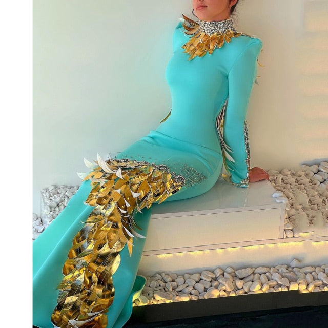 Elegant Mermaid Gold 3D Leaves Crystals Sparkly Gowns