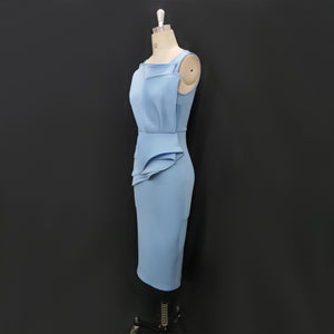 Blue Midi Sleeveless Peplum Ruffles Pencil Dresses