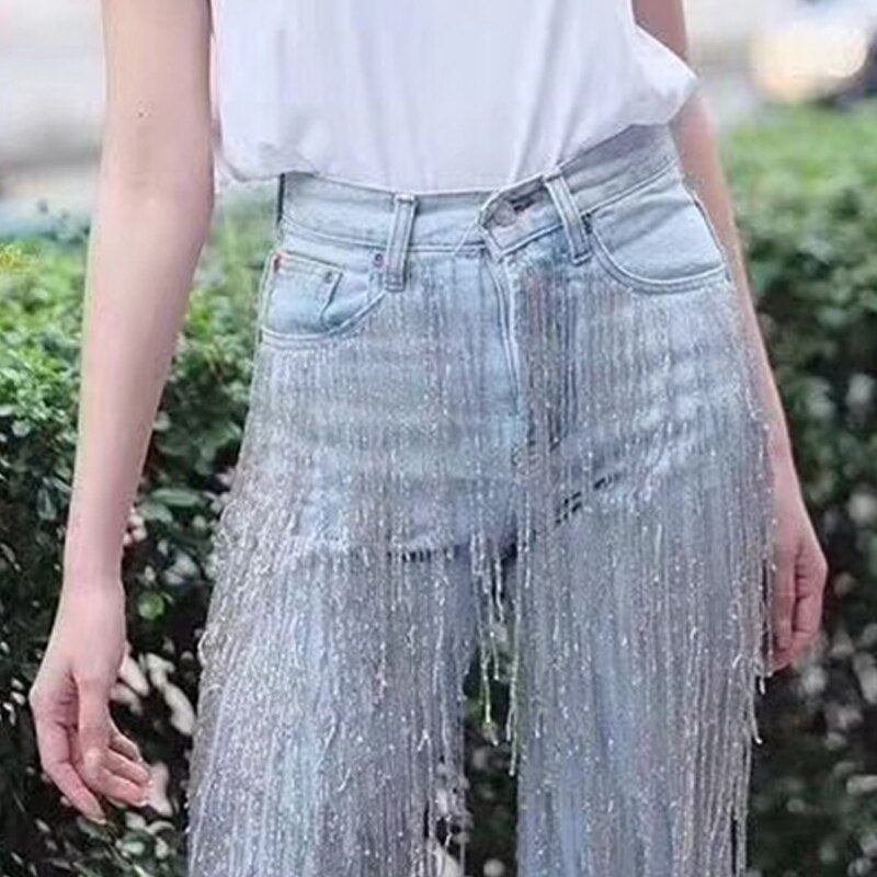 Designer Handmade Beading Tassel Waterfall Jeans