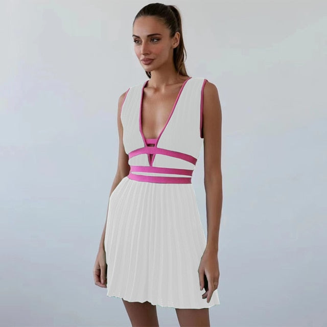 Pleated Mini Stitching Slim Dresses