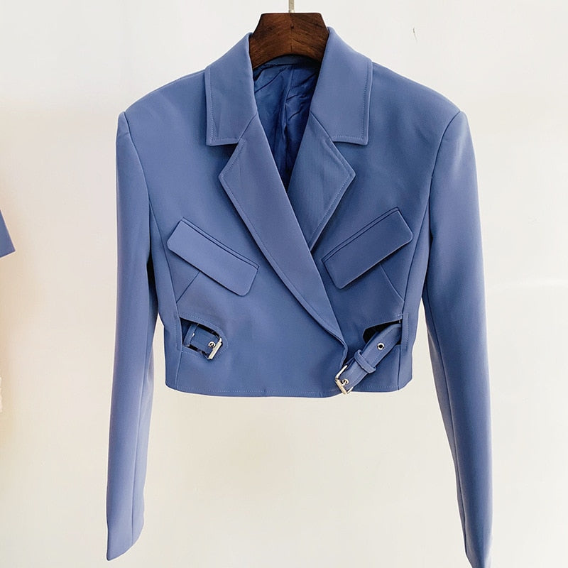 Two Pcs Blazer Lace-up Buckle Short Jacket + Mini Skirt Suit High Quality