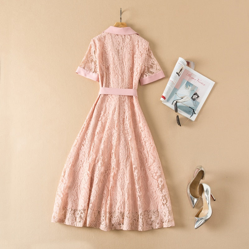 Summer Designer Lace Pocket Cutout Embroidery Belt Dress