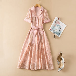 Summer Designer Lace Pocket Cutout Embroidery Belt Dress