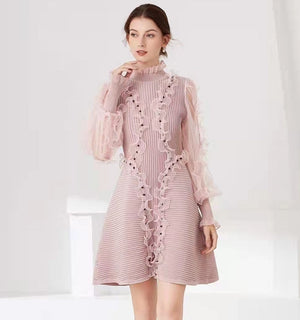 Top Quality Knitted Ruffle Lace Beading Deco Long Sleeve Pink Red Dress