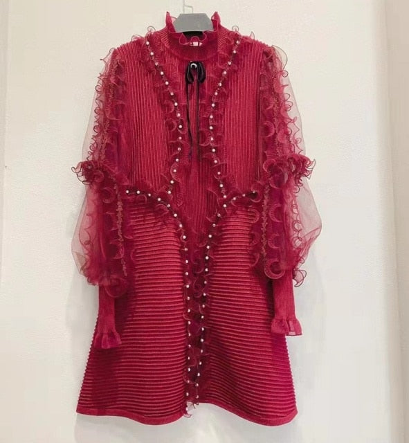 Top Quality Knitted Ruffle Lace Beading Deco Long Sleeve Pink Red Dress