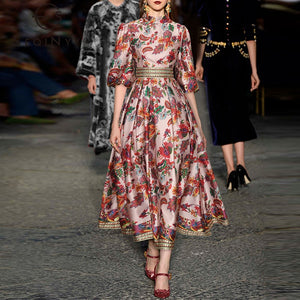 Midi Vintage Runway Bohemian Flowers Print Pleated A-Line Dress