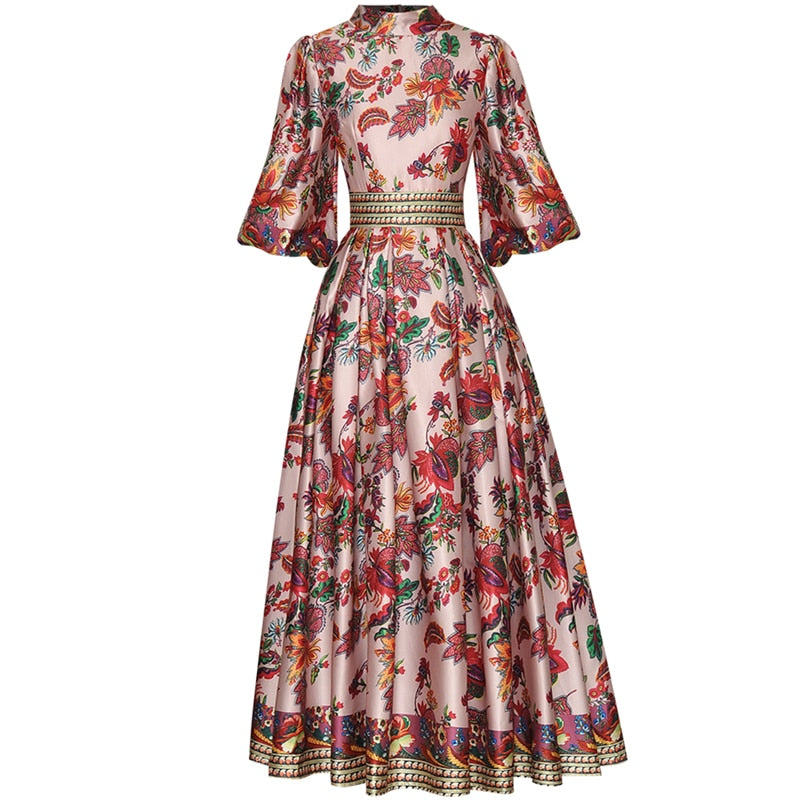 Midi Vintage Runway Bohemian Flowers Print Pleated A-Line Dress