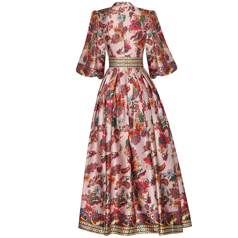 Midi Vintage Runway Bohemian Flowers Print Pleated A-Line Dress