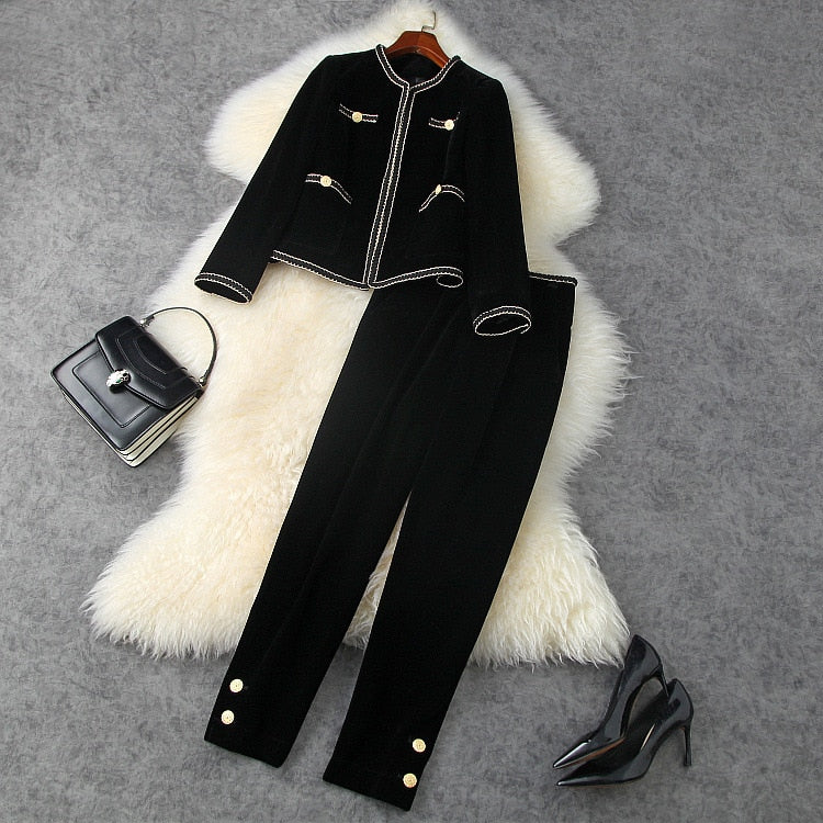 Pocket Gold Velvet Cardigan Cropped Pants Two-piece Set