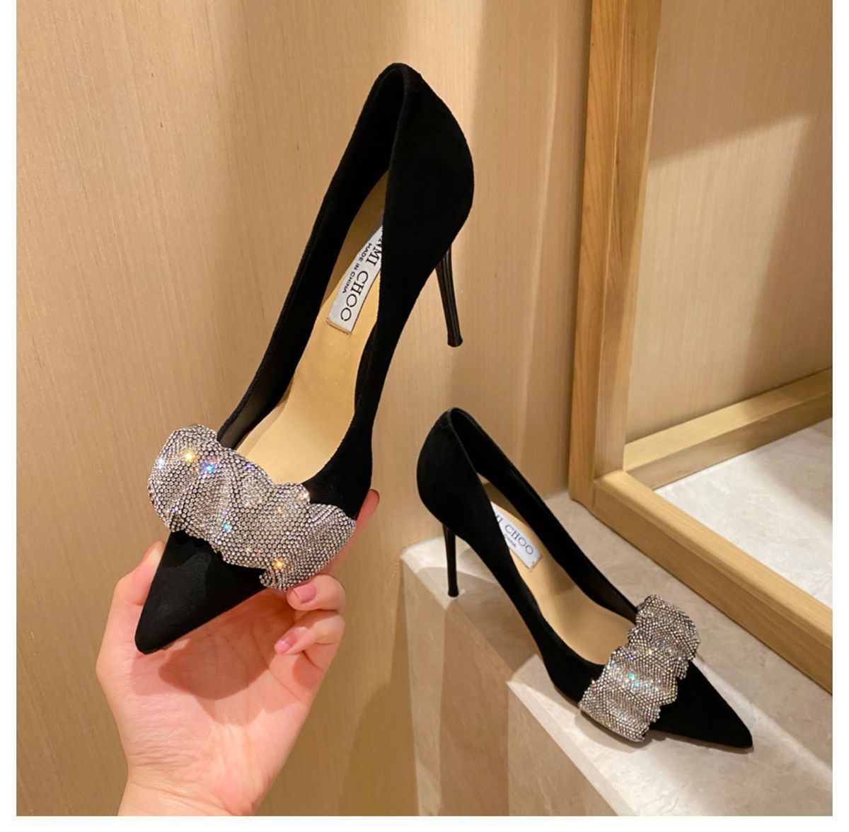 Satin Black Pointed Toe High Heels Fairy Bowknot Rhinestone Stiletto Shoes
