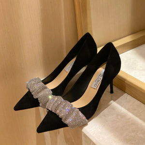Satin Black Pointed Toe High Heels Fairy Bowknot Rhinestone Stiletto Shoes