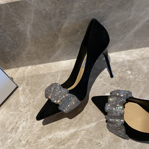 Satin Black Pointed Toe High Heels Fairy Bowknot Rhinestone Stiletto Shoes