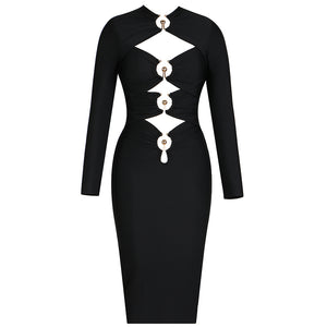 Black Mid-length Tight Bandage Hollow Metal Button Design Dress