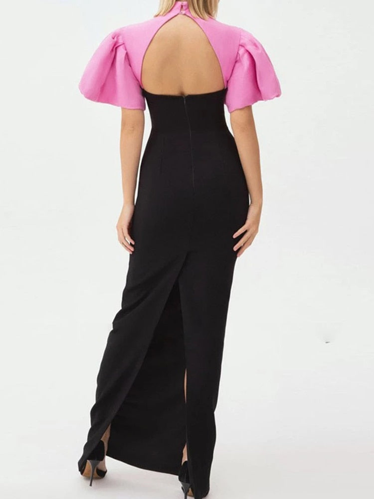 Cutout Short Sleeve Patchwork Long Dress