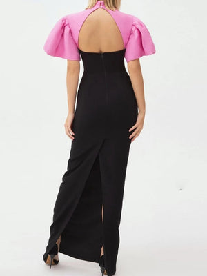Cutout Short Sleeve Patchwork Long Dress