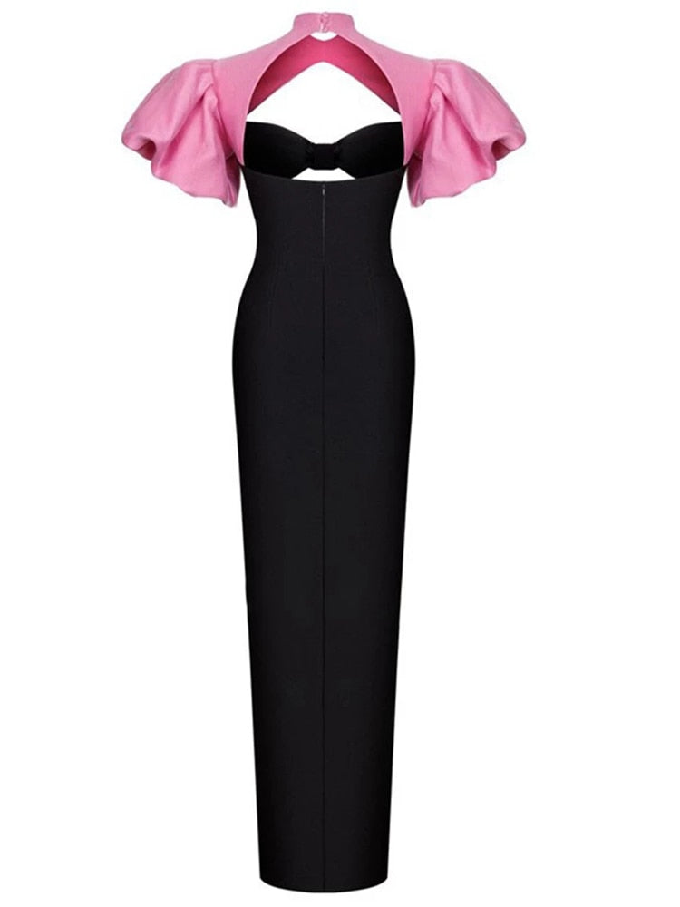 Cutout Short Sleeve Patchwork Long Dress