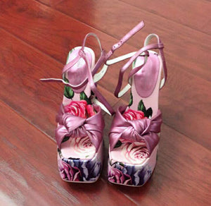 Flower Leather High Platform Chunky High Heels Sandals