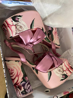 Flower Leather High Platform Chunky High Heels Sandals