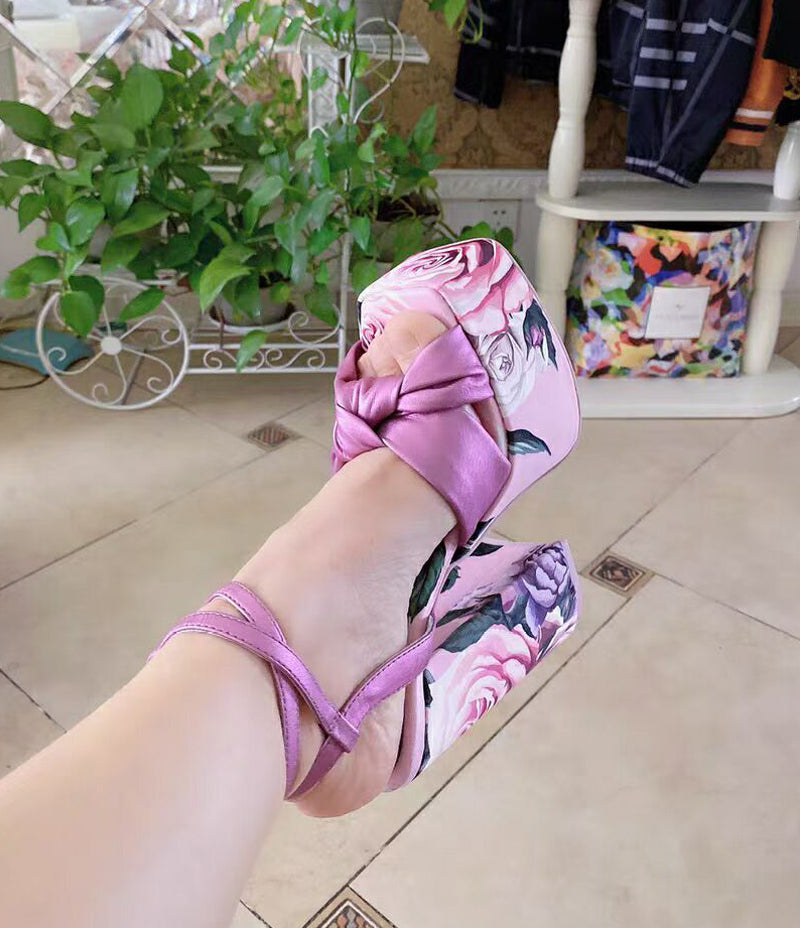 Flower Leather High Platform Chunky High Heels Sandals
